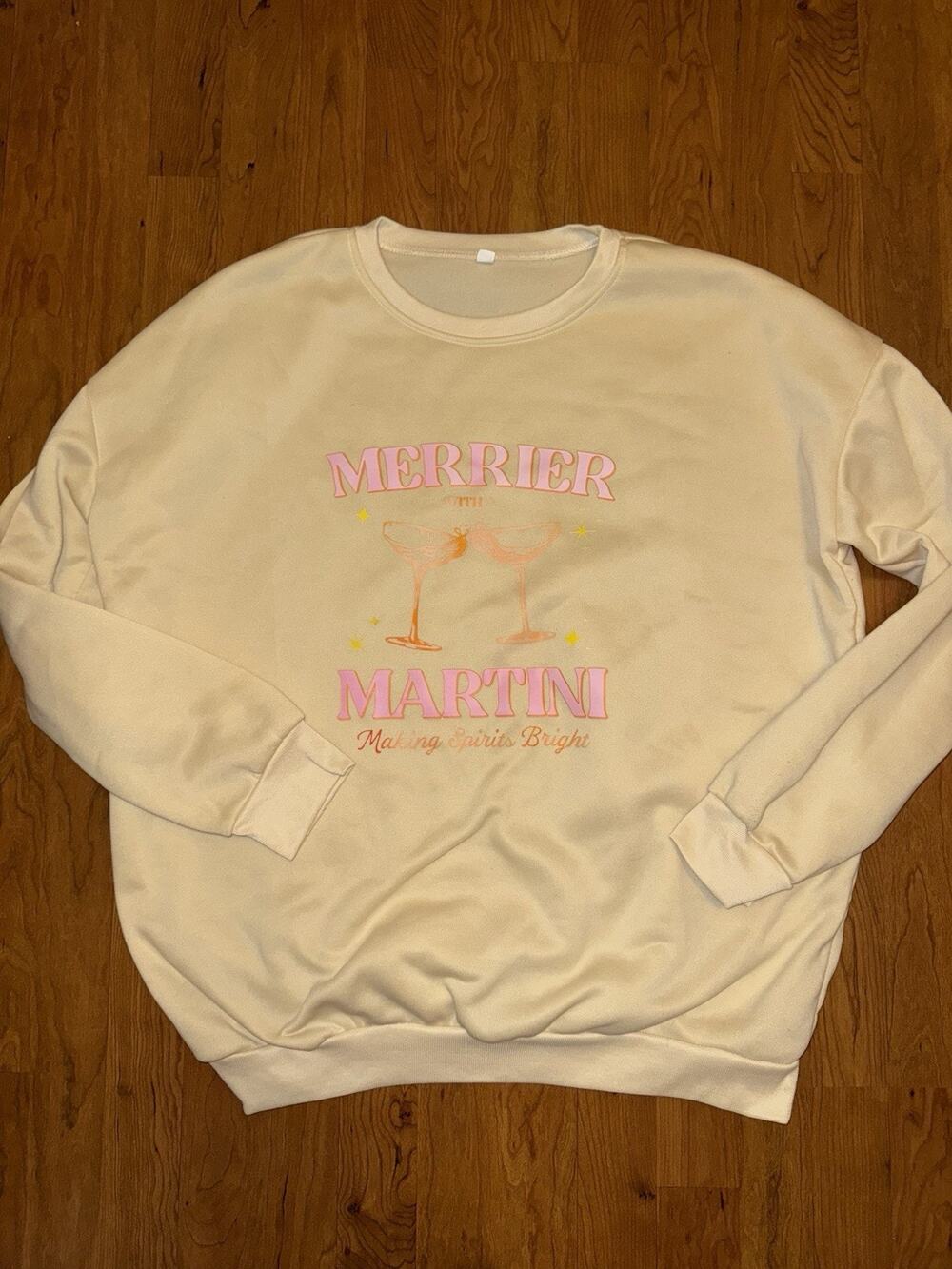 Amazon “Merrier with a Martini” Crewneck Sweatshirt Preppy Comfy Cozy XL Beige